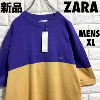 ザラ(ZARA)の新品タグ付き　ZARA ザラ　半袖ニット　刺繍ロゴ　メンズXLサイズ(ニット/セーター)