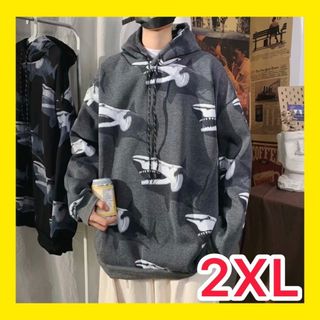 メンズ　トップス　パーカー　サメ　シャーク　グレー　オーバーサイズ　2XL(パーカー)