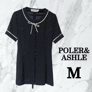 POLER&ASHLE ポーラーアシュレイ　ドットブラウス　スリット　リボン　M(シャツ/ブラウス(半袖/袖なし))