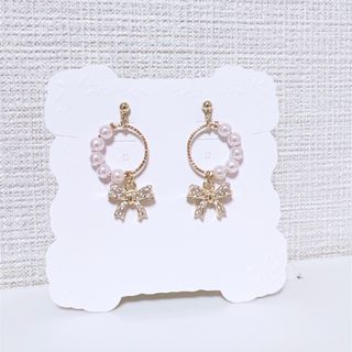 パールリングෆ˚*リボン　ジルコニア♡ ハンドメイド　ピアス　イヤリング(ピアス)