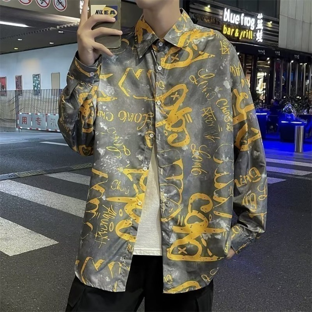 【新品】メンズ　長袖　ロンT　柄シャツ　XL　グレー　ストリート系　韓国　個性的 メンズのトップス(シャツ)の商品写真
