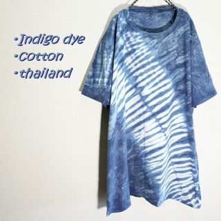 【新品】インディゴ染　ビッグTシャツ　2XL　斜めに大きく入ったライン染(Tシャツ/カットソー(半袖/袖なし))