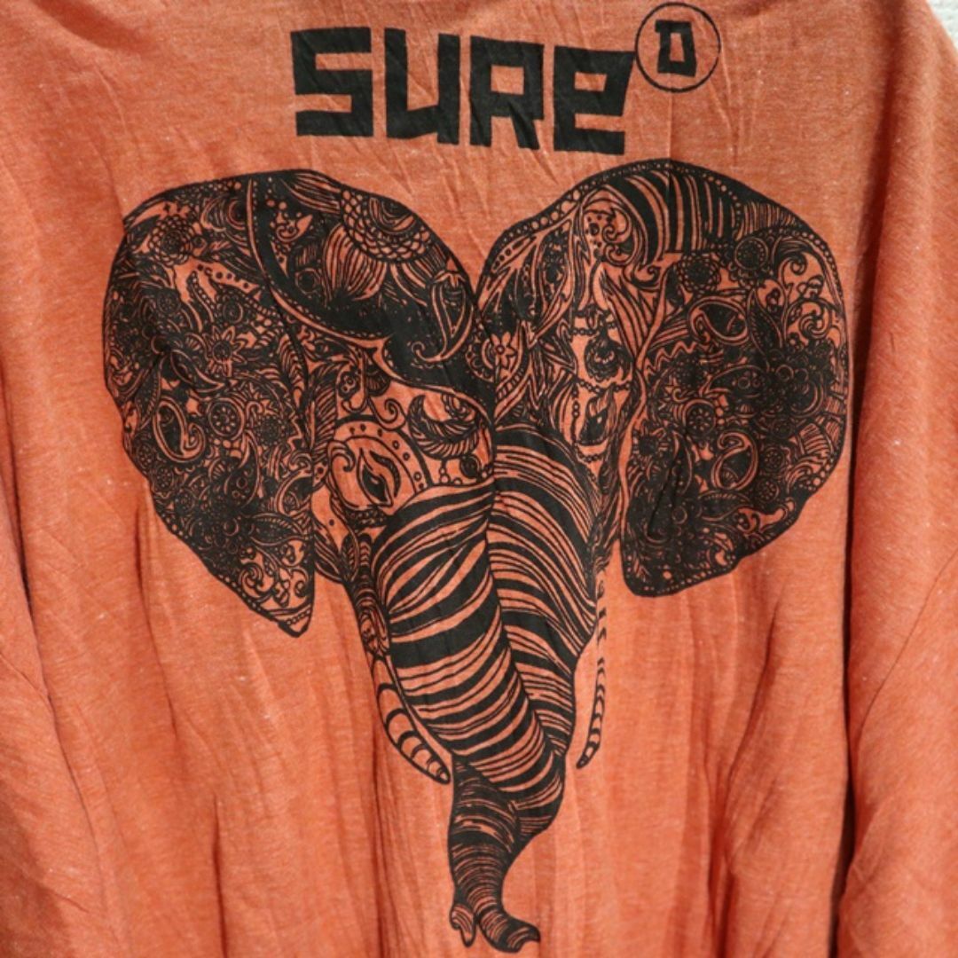 【新品】シワ加工エスニックTシャツ  二匹の象　オレンジ系 メンズのトップス(Tシャツ/カットソー(半袖/袖なし))の商品写真