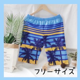 【水着SALE】メンズ ブルー イエロー 水着 海 プール ヤシの木 お洒落 (水着)