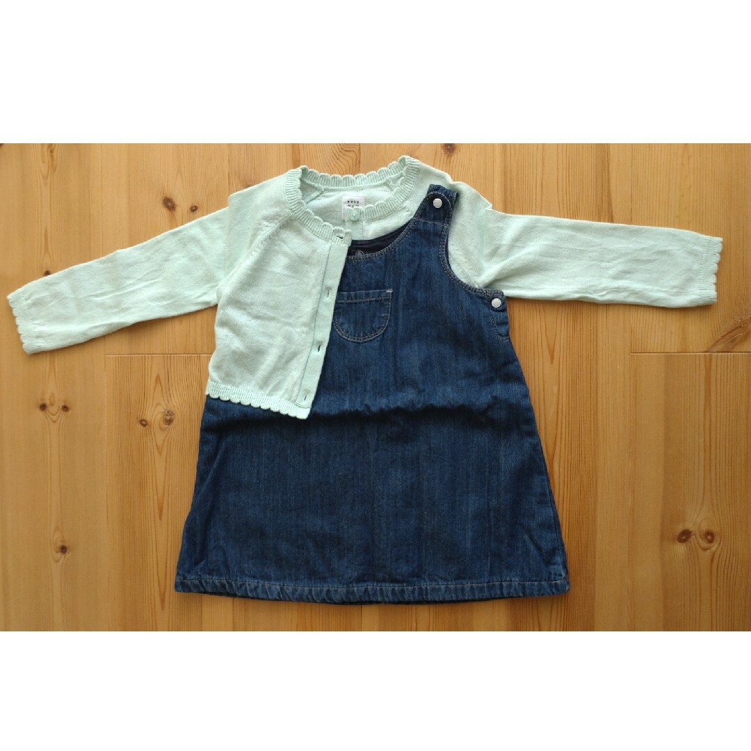 プチバトー デニムジャンスカ&babyGAP ミント色カーディガン キッズ/ベビー/マタニティのベビー服(~85cm)(ワンピース)の商品写真