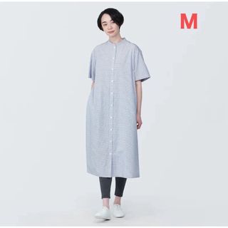 ムジルシリョウヒン(MUJI (無印良品))の無印良品  涼感　ブロードスタンドカラー半袖ワンピース 婦人Ｍ・ブルーチェック(ロングワンピース/マキシワンピース)