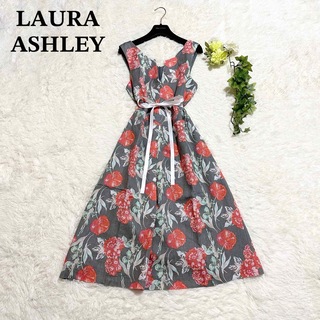 ローラアシュレイ(LAURA ASHLEY)の美品 ローラアシュレイ  大きいサイズ ノースリーブ ワンピース リネン 花柄(ロングワンピース/マキシワンピース)