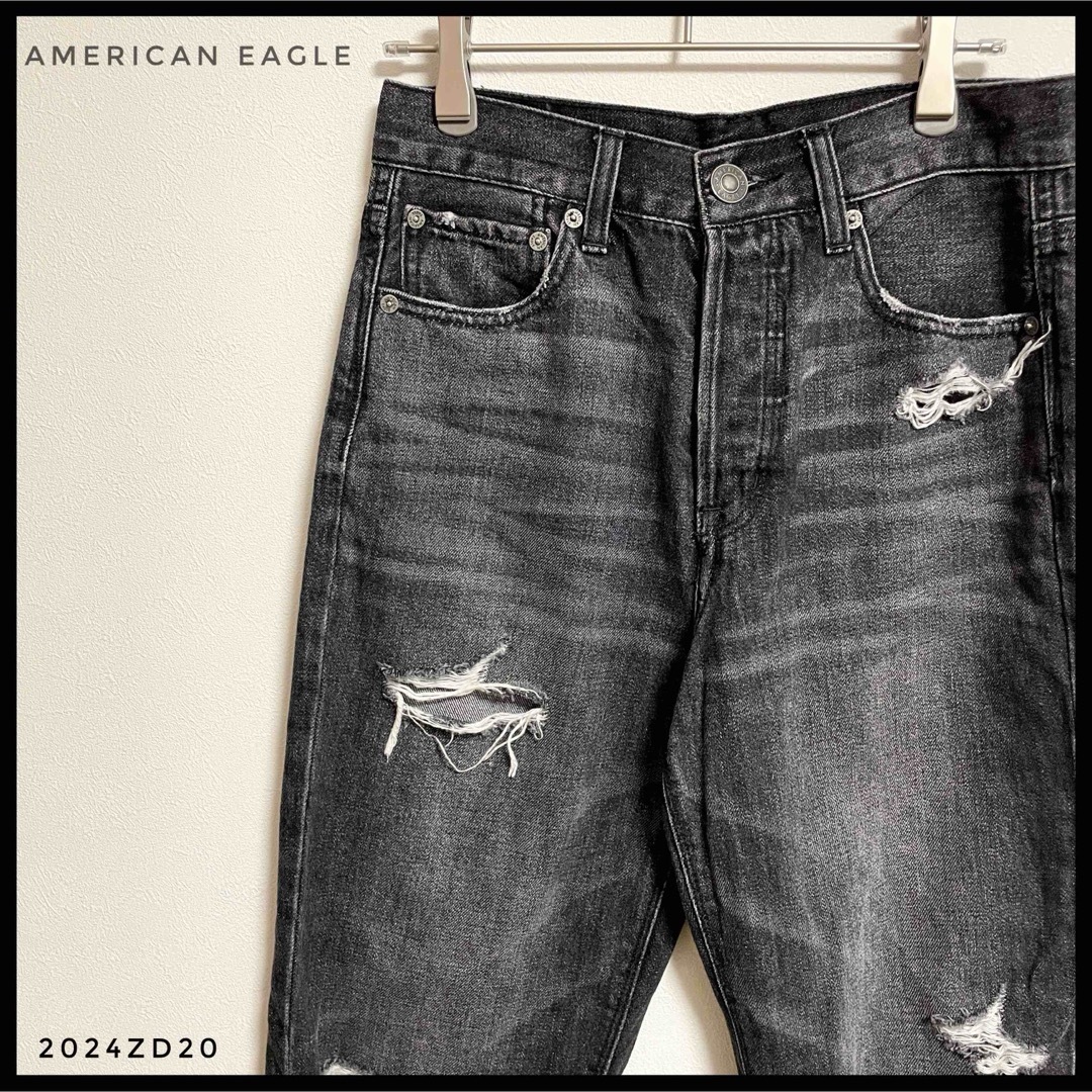American Eagle(アメリカンイーグル)のAmerican eagle 　ダメージデニムパンツ　クラッシュ　ブラック レディースのパンツ(デニム/ジーンズ)の商品写真