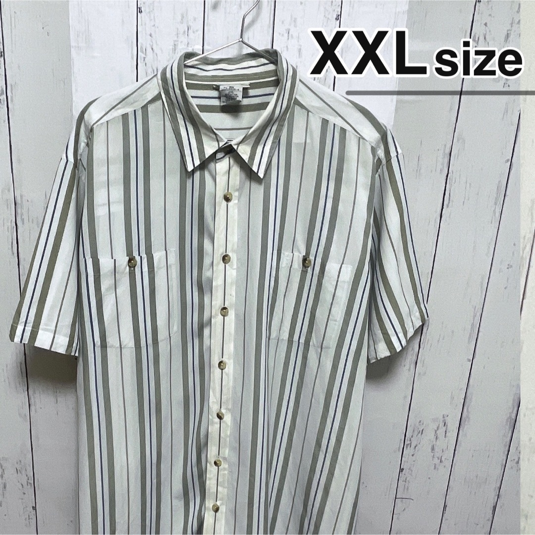 shirts(シャツ)のUSA古着　KINGSIZE　半袖シャツ　XXL　ストライプ　ホワイト　グレー メンズのトップス(シャツ)の商品写真