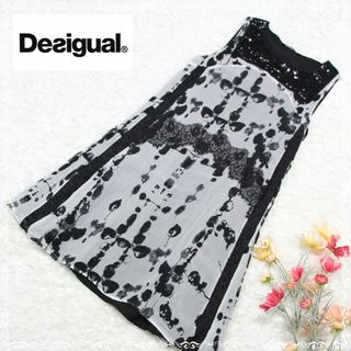 DESIGUAL - デシグアル　ノースリーブ　ワンピース　36　S　白　黒　キュプラ　スパンコール