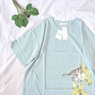 【新品未使用】キャット　綿100　ミモザ　子猫　ドロップショルダー　大きめサイズ(Tシャツ(半袖/袖なし))