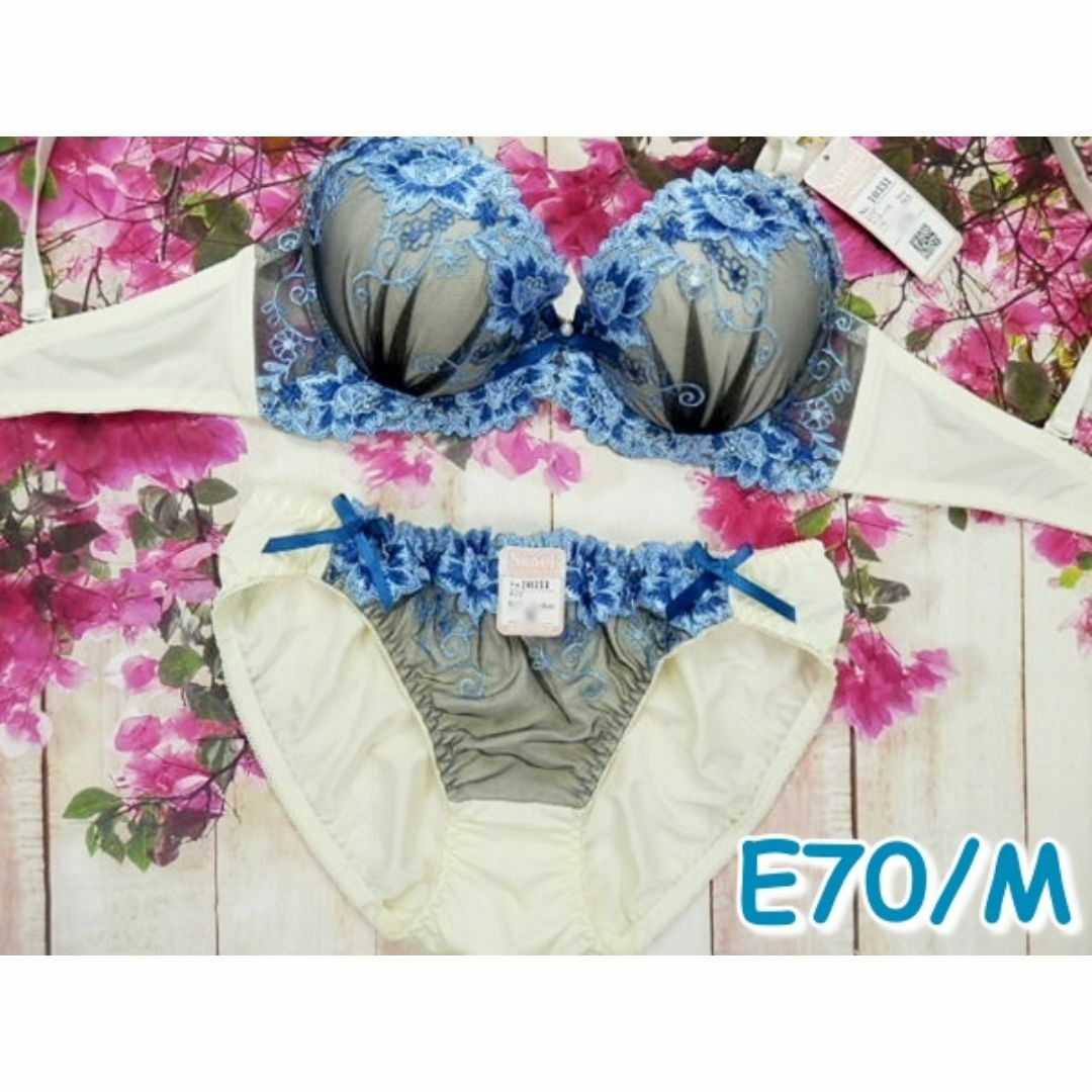 SE01★E70 M★ブラショーツセット シャクヤク刺繍　クリーム系 レディースの下着/アンダーウェア(ブラ&ショーツセット)の商品写真