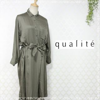 qualite - カリテ　シャツワンピース　ひざ丈　ウエストマーク　2　M　緑　カーキ　ベルト