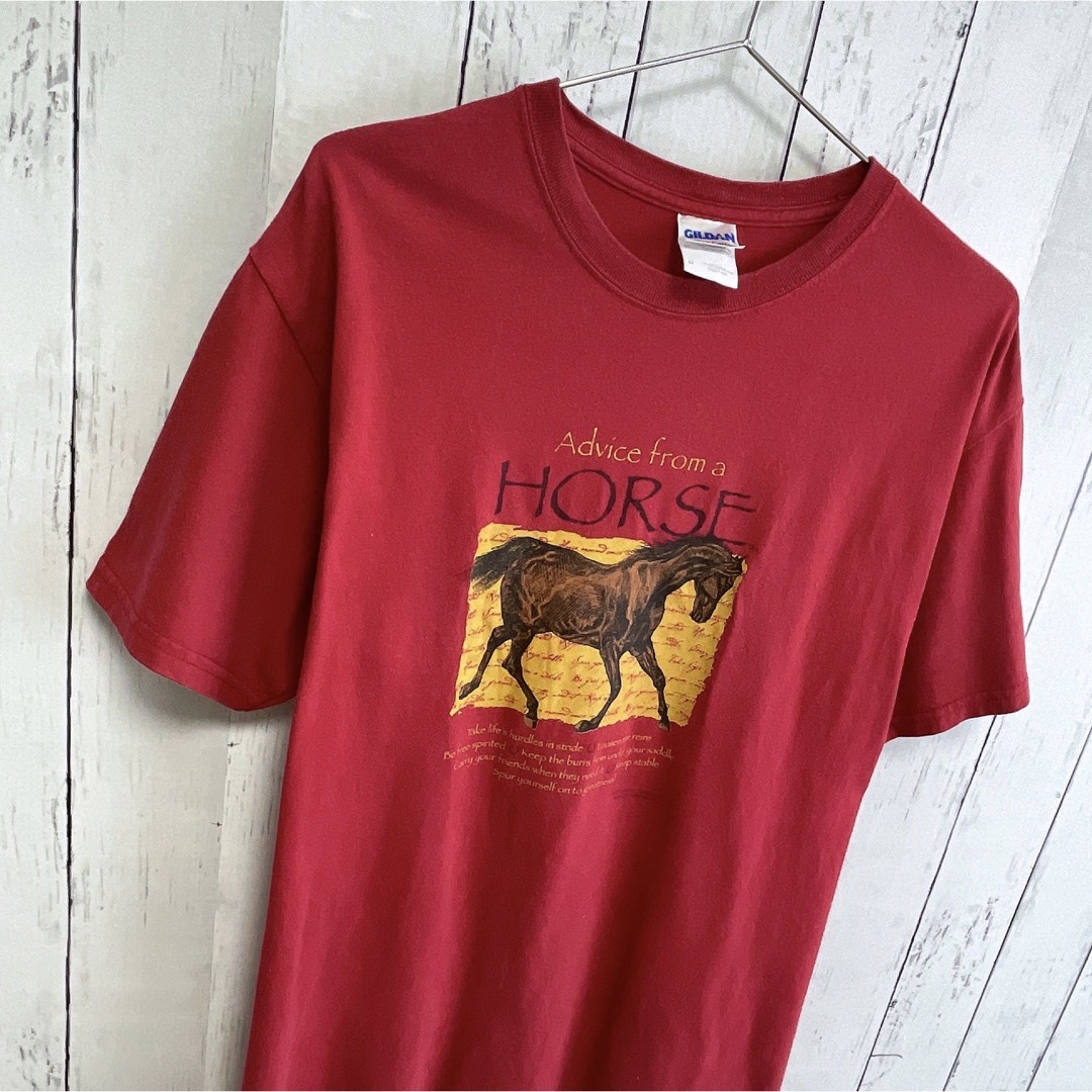 GILDAN(ギルタン)のUSA古着　GILDAN　Tシャツ　M　レッド　ホース　馬　アニマル柄　プリント メンズのトップス(Tシャツ/カットソー(半袖/袖なし))の商品写真