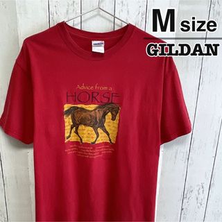 ギルタン(GILDAN)のUSA古着　GILDAN　Tシャツ　M　レッド　ホース　馬　アニマル柄　プリント(Tシャツ/カットソー(半袖/袖なし))