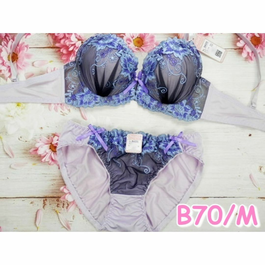 SE02★B70 M★ブラショーツセット シャクヤク刺繍　紫系 レディースの下着/アンダーウェア(ブラ&ショーツセット)の商品写真