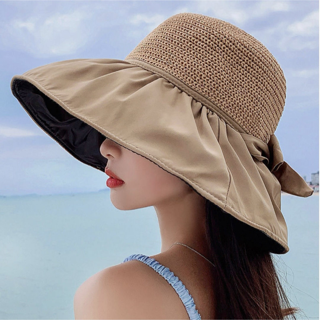 麦わら帽子　レディース　UVカット　紫外線　日焼け　ブラック　つば広　リボン　黒 レディースのファッション小物(手袋)の商品写真