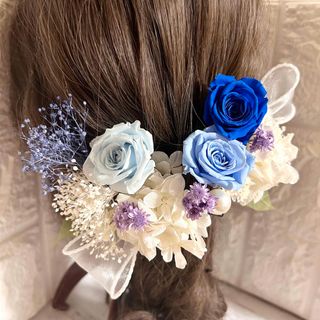 髪飾りウェディング薔薇ブルーローズ☆ドライフラワー洋装ヘアパーツ成人式☆リボン(ヘッドドレス/ドレス)