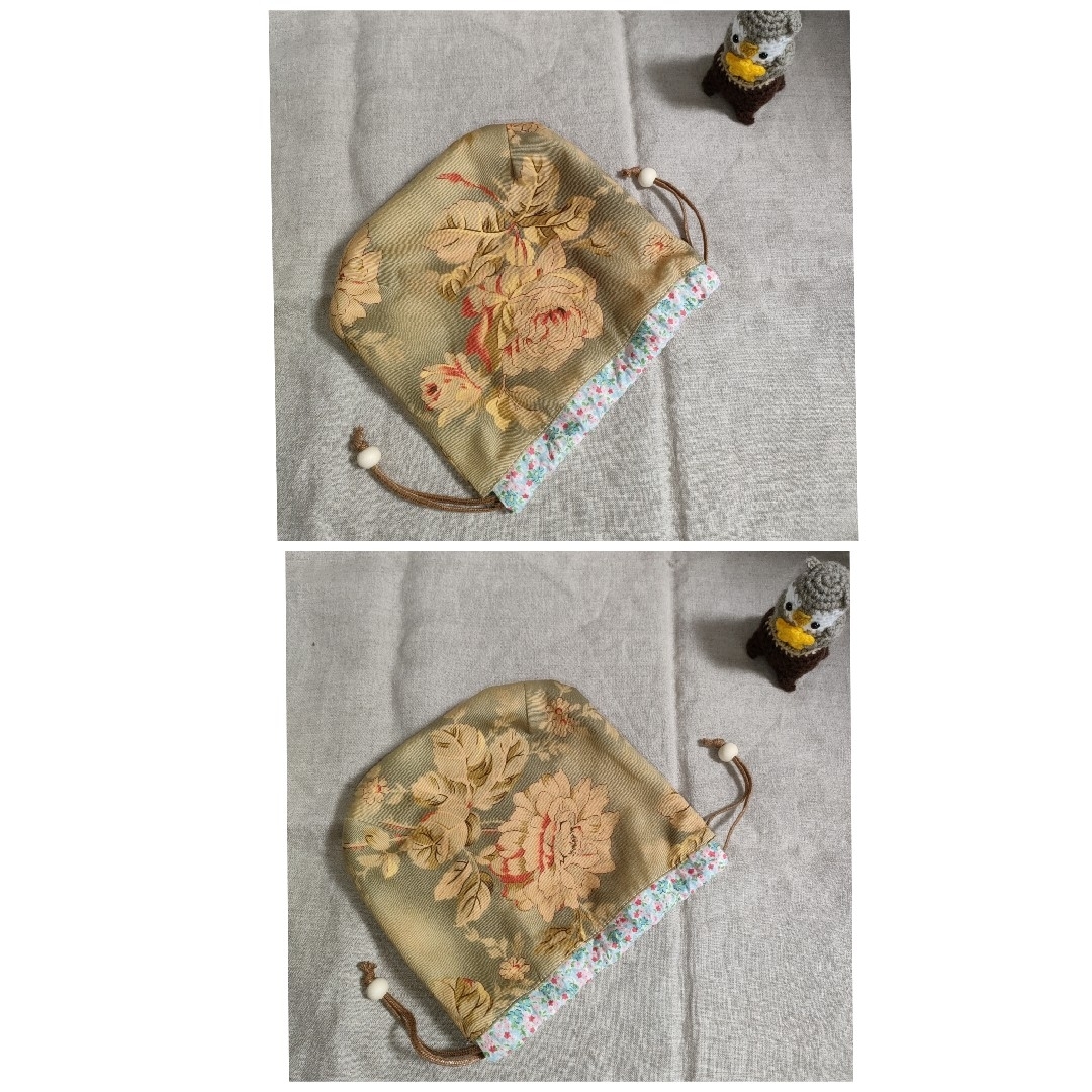 ミニころりんバッグ&ぷっくり巾着セット　アンティークローズ　スモーキーグリーン ハンドメイドのファッション小物(バッグ)の商品写真