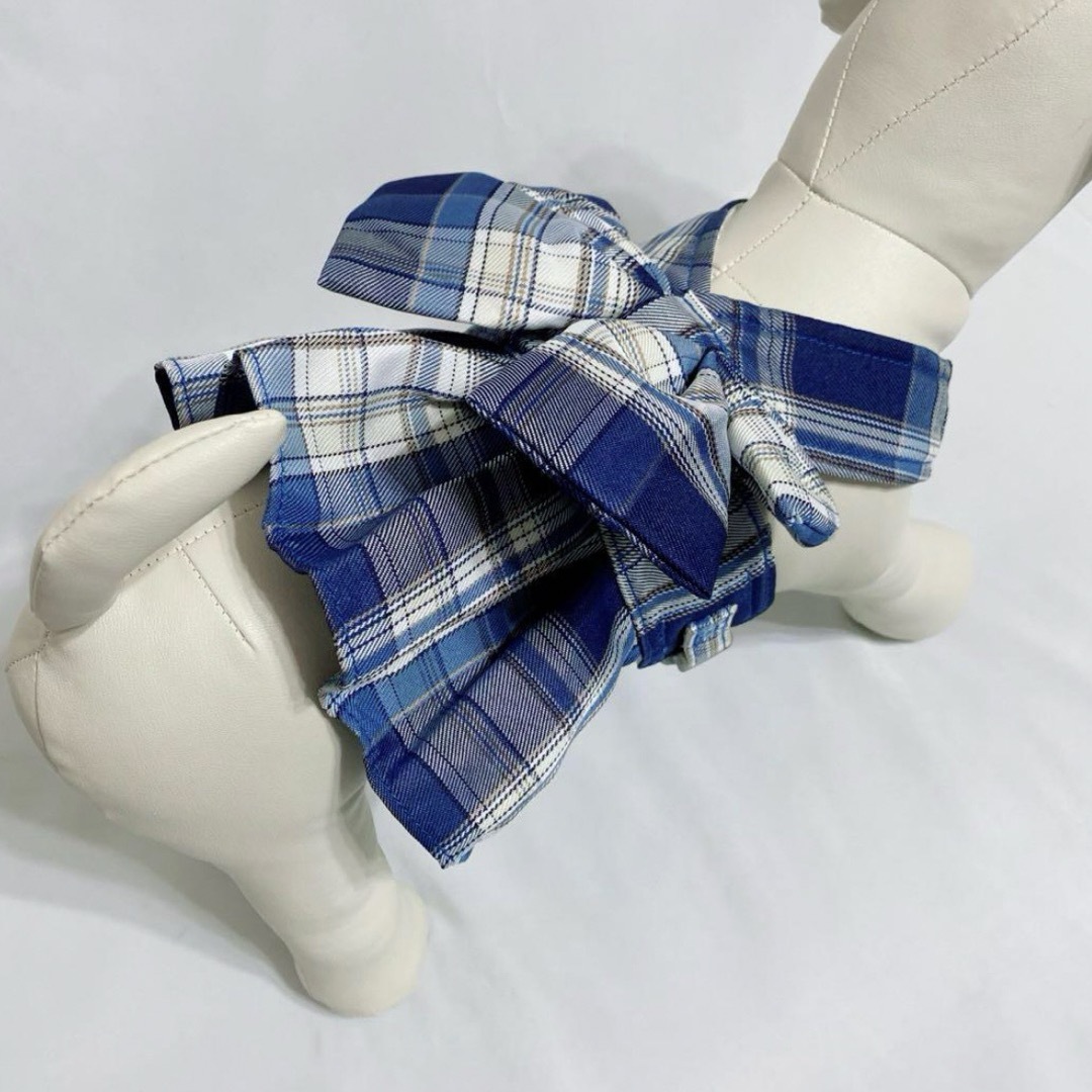 新品 S ビッグリボン チェック ハーネス リード セット （青） 犬服 その他のペット用品(犬)の商品写真