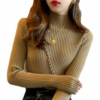 リブニット セーター 長袖 レディース タイト ハーフハイネック カーキ(ニット/セーター)