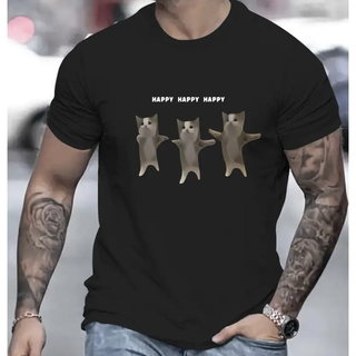 猫ミーム ハッピーキャット メンズ レディース Tシャツ ブラック 半袖(Tシャツ/カットソー)