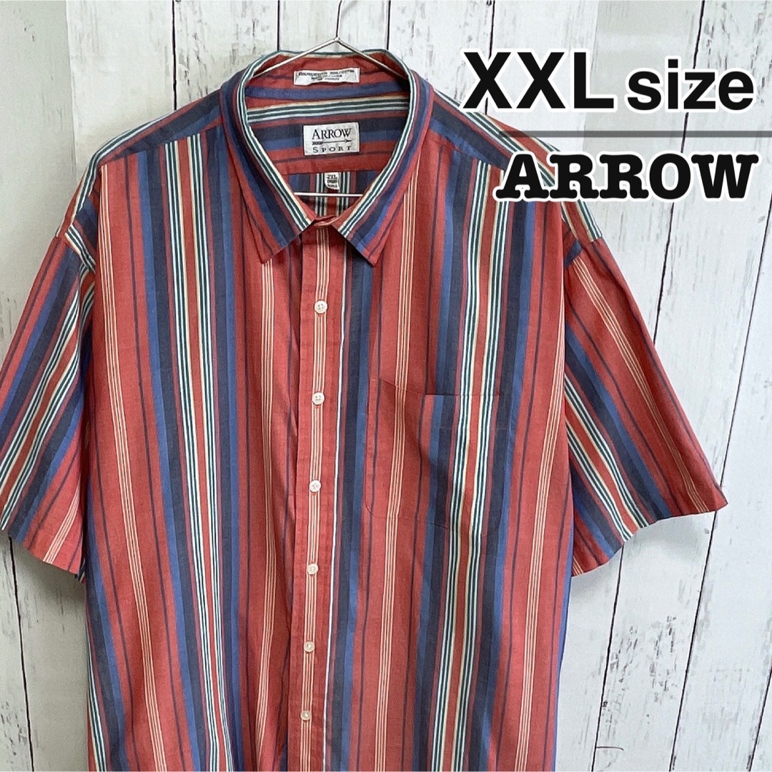 ARROW(アロー)のARROW　半袖シャツ　XXL　ピンク　ブルー　ネイビー　ストライプ　USA古着 メンズのトップス(シャツ)の商品写真