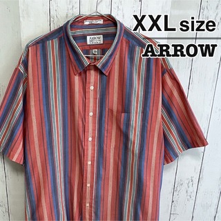 アロー(ARROW)のARROW　半袖シャツ　XXL　ピンク　ブルー　ネイビー　ストライプ　USA古着(シャツ)