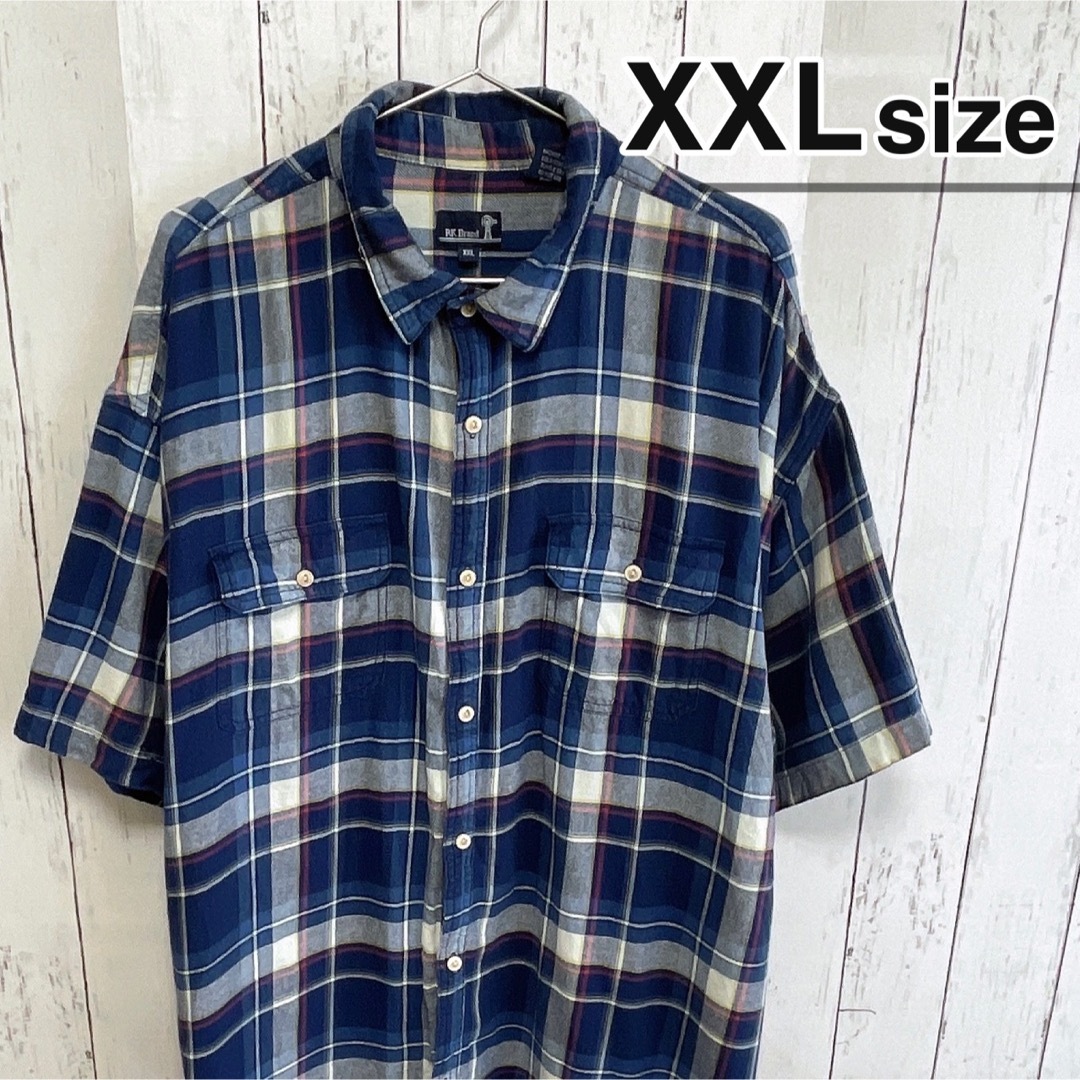 shirts(シャツ)のUSA古着　半袖シャツ　チェック柄　ネイビー　ブルー　ダブルポケット　コットン メンズのトップス(シャツ)の商品写真