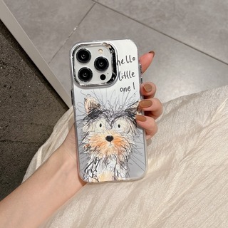 【大人気】iPhone15　スマホ　ケース　韓国　グレー　シルバー　犬　英字　銀
