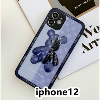 iphone12ケース　熊　ガラス 耐衝撃ブルー119(iPhoneケース)