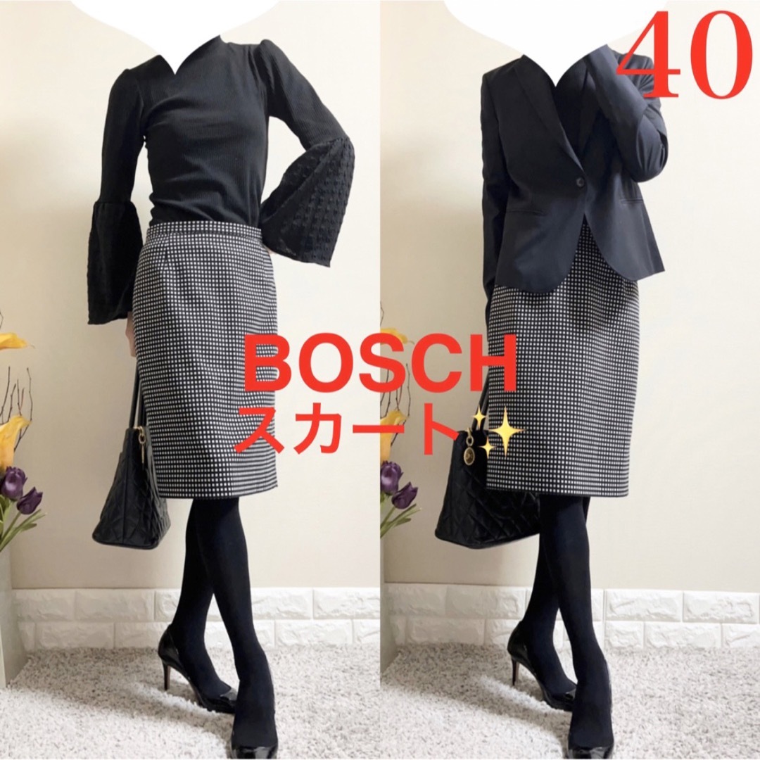 BOSCH(ボッシュ)のBOSCH  ボッシュ　ブロックチェック　ストレッチ　スカート　40 L 白黒 レディースのスカート(ひざ丈スカート)の商品写真