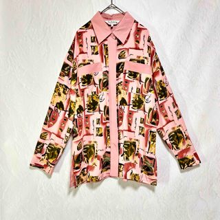 【古着 】総柄シャツブラウス昭和レトロ vintage ヴィンテージくすみピンク(シャツ/ブラウス(長袖/七分))