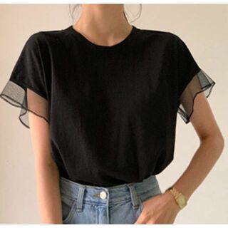 メッシュスリーブ Tシャツ 黒　ブラック　シンプル　オルチャン　《351》(Tシャツ(半袖/袖なし))
