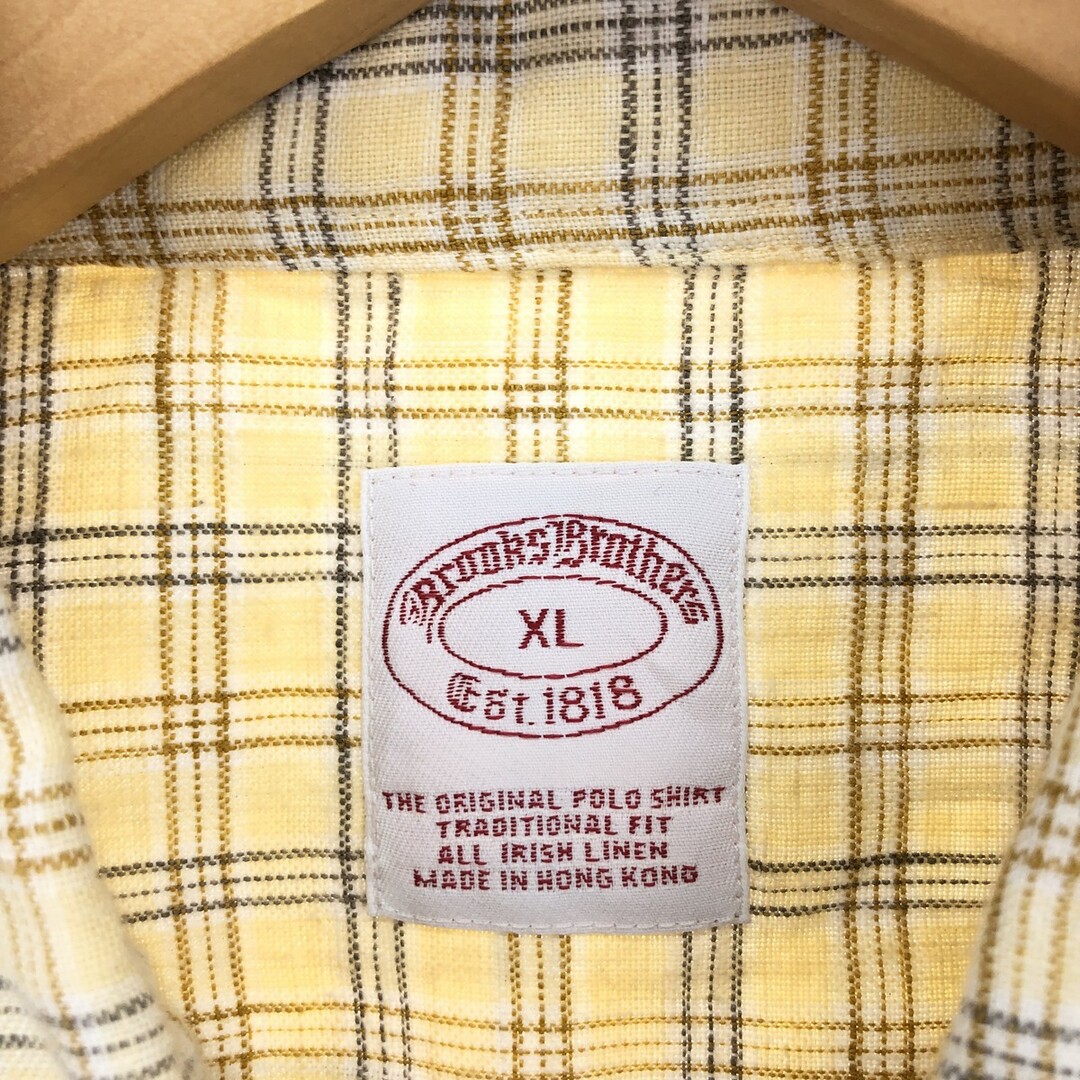 Brooks Brothers(ブルックスブラザース)の古着 ブルックスブラザーズ Brooks Brothers Est.1818 チェック柄 半袖 リネン ボタンダウンシャツ メンズXL /eaa442097 メンズのトップス(シャツ)の商品写真