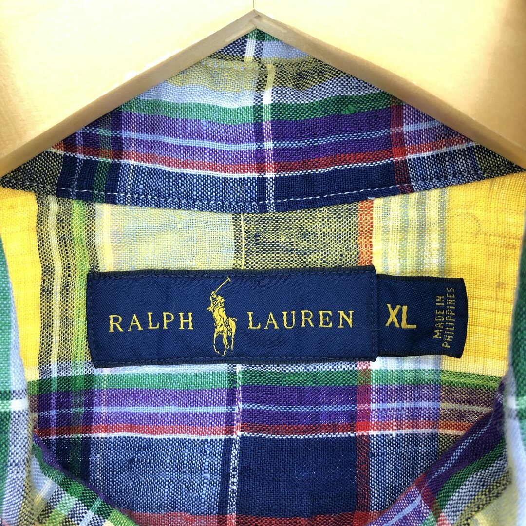 Ralph Lauren(ラルフローレン)の古着 ラルフローレン Ralph Lauren POLO RALPH LAUREN チェック柄 半袖 リネン ボタンダウンシャツ メンズXL /eaa442098 メンズのトップス(シャツ)の商品写真