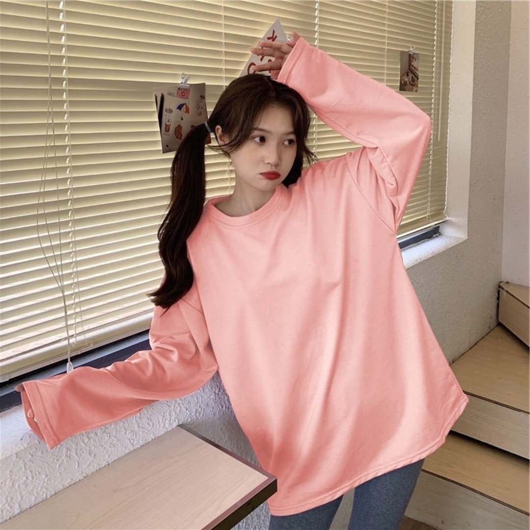 韓国 トレンド ビッグシルエット ロングTシャツ レディース Lサイズ ピンク レディースのトップス(Tシャツ(長袖/七分))の商品写真