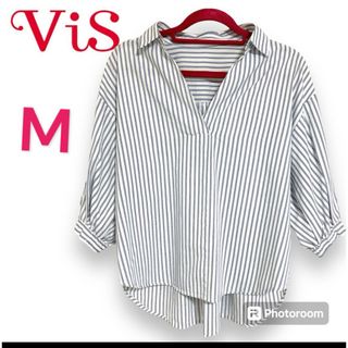 ヴィス(ViS)のVIS レディース　カットソー　七分袖　ストライプ　シャツ　パフスリーブ　M(シャツ)