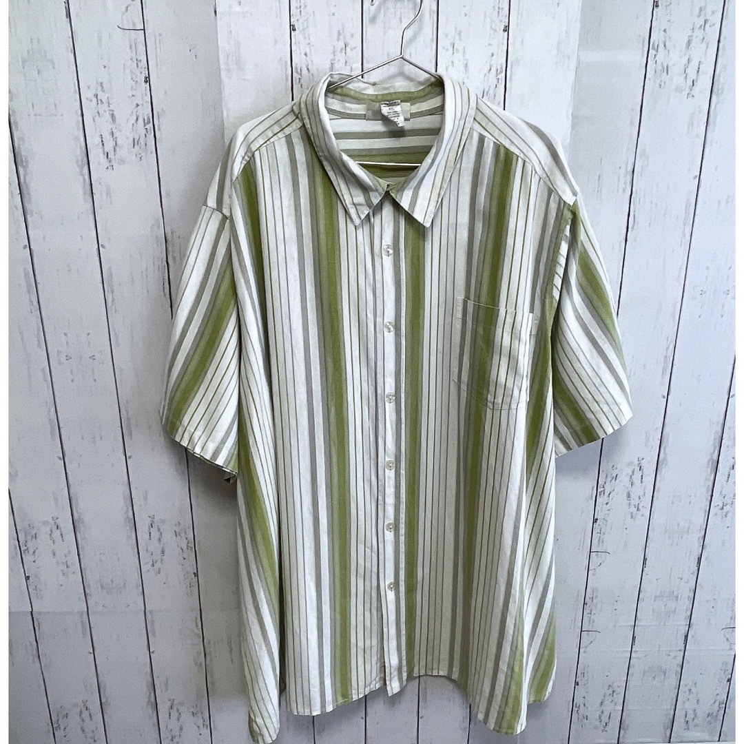 shirts(シャツ)のUSA古着　KINGSIZE　半袖シャツ　3XL　リネン　麻　グリーン　ホワイト メンズのトップス(シャツ)の商品写真