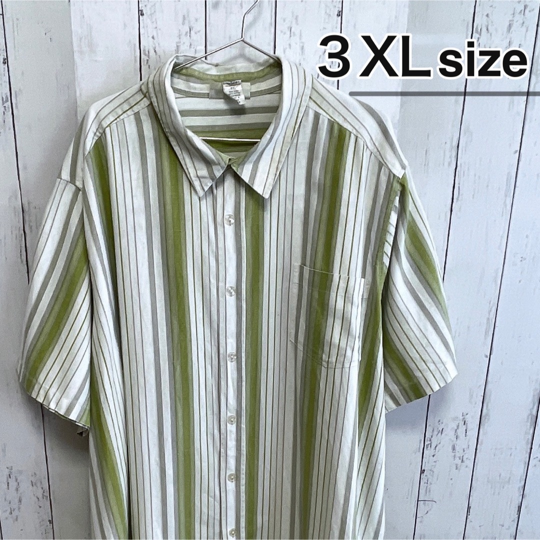 shirts(シャツ)のUSA古着　KINGSIZE　半袖シャツ　3XL　リネン　麻　グリーン　ホワイト メンズのトップス(シャツ)の商品写真