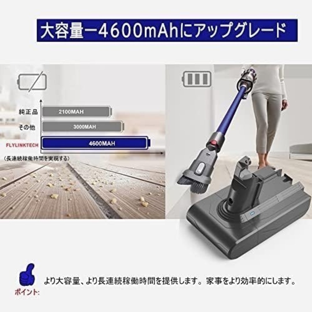 訳あり　4600mAh 21.6V　互換品 ダイソンv6　掃除機バッテリー　 スマホ/家電/カメラの生活家電(掃除機)の商品写真