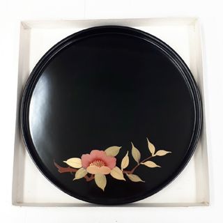 新品未使用　木製　漆器　本漆　八丁　丸盆　黒　山茶花　椿　24cm　8寸(テーブル用品)