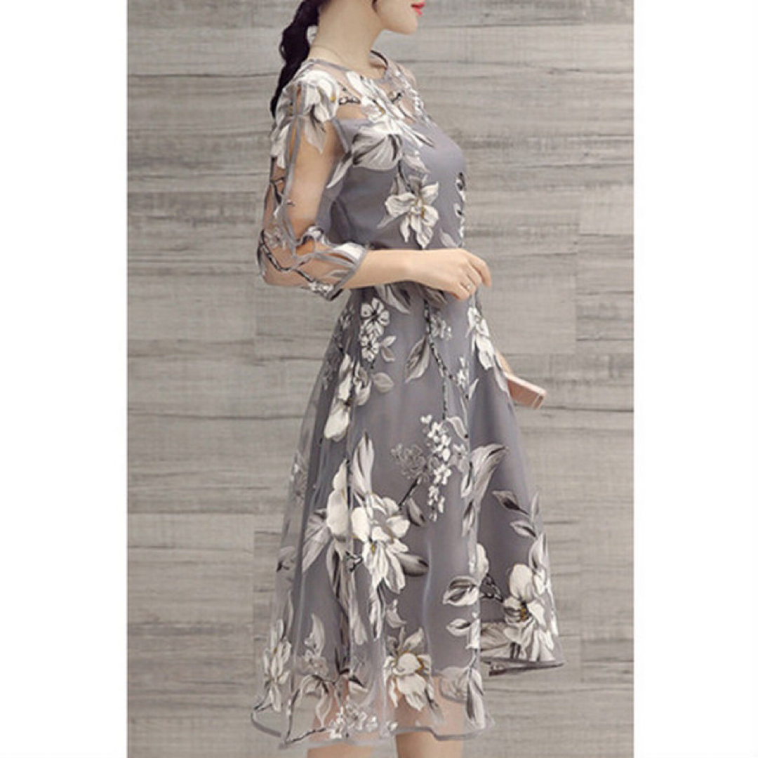 ワンピース 花柄  グレー　XL　ドレス　結婚式　二次会　フォーマル お呼ばれ レディースのワンピース(ひざ丈ワンピース)の商品写真