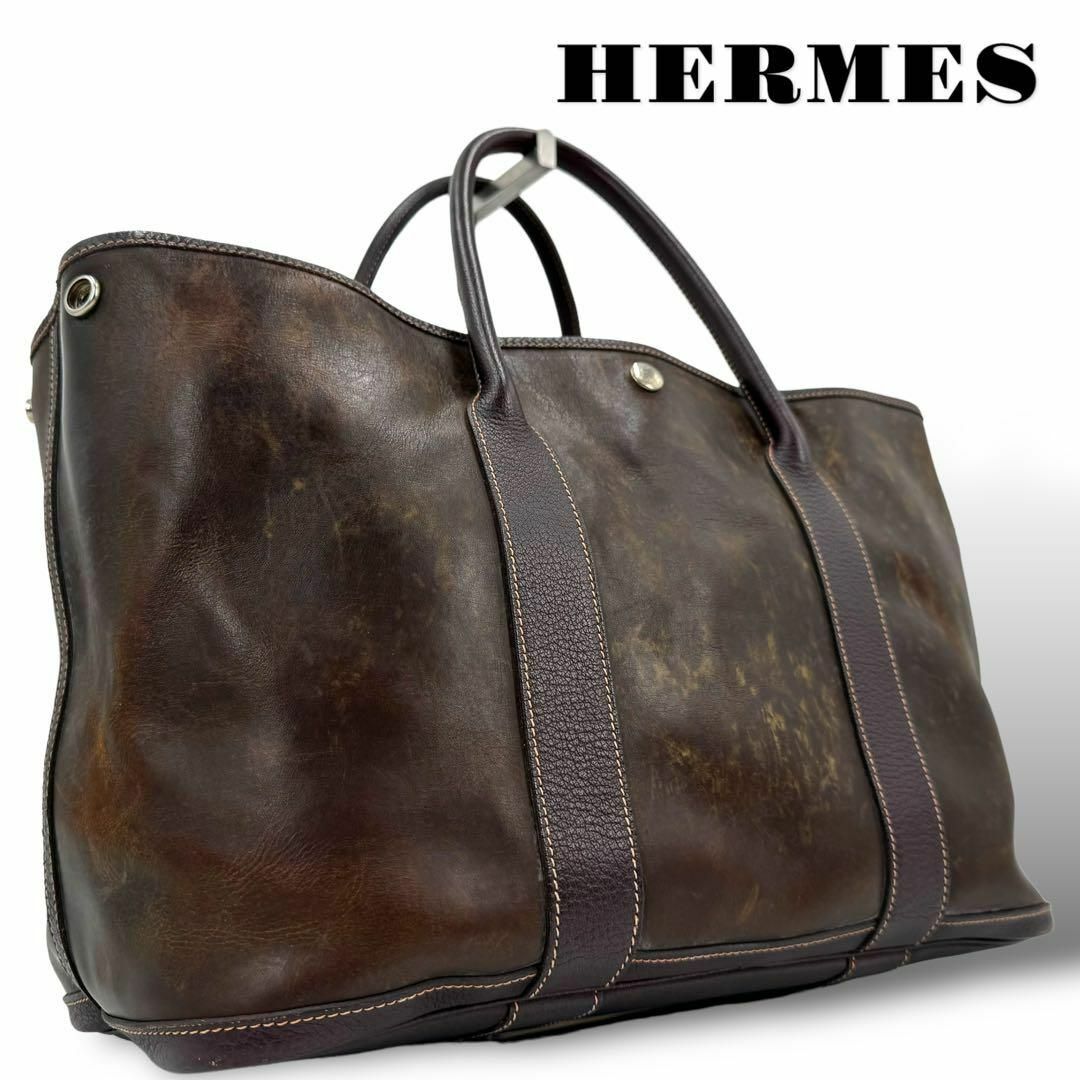 Hermes(エルメス)の良品 HERMES トートバッグ ガーデンパーティーPM アマゾニア レザー 茶 レディースのバッグ(トートバッグ)の商品写真