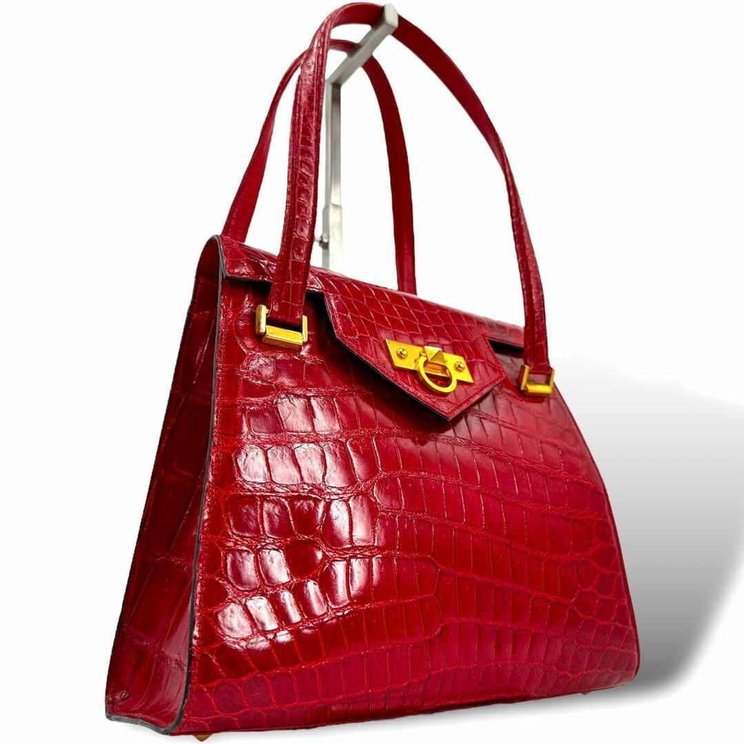 美品 本クロコダイル シャイニング加工 金金具 ハンドバッグ 肩掛け レッド レディースのバッグ(ハンドバッグ)の商品写真