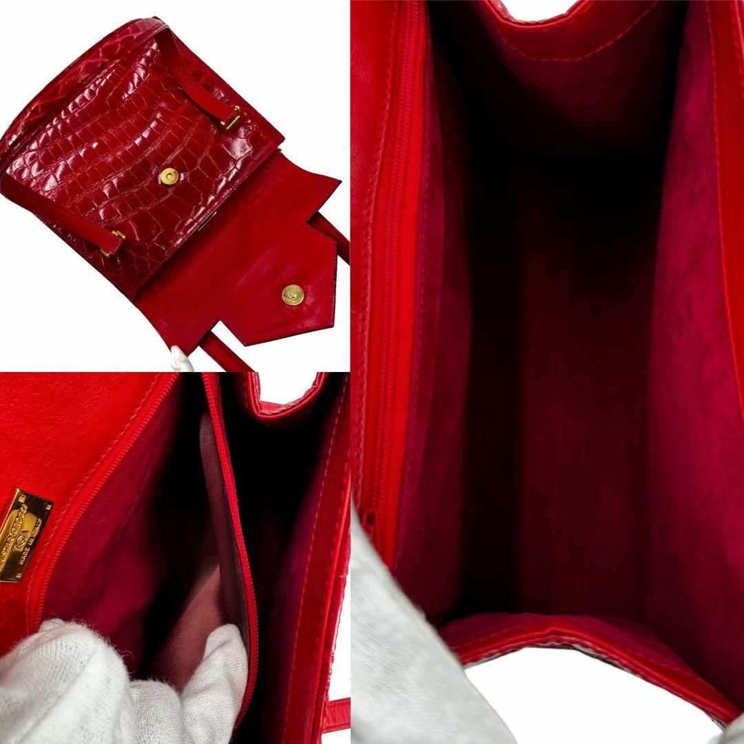 美品 本クロコダイル シャイニング加工 金金具 ハンドバッグ 肩掛け レッド レディースのバッグ(ハンドバッグ)の商品写真