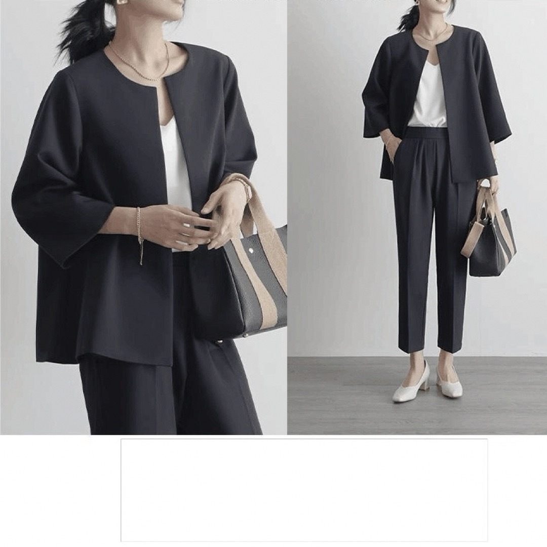 ブラック M  ノーカラー ジャケット パンツ スーツ セットアップ セレモニー レディースのフォーマル/ドレス(スーツ)の商品写真