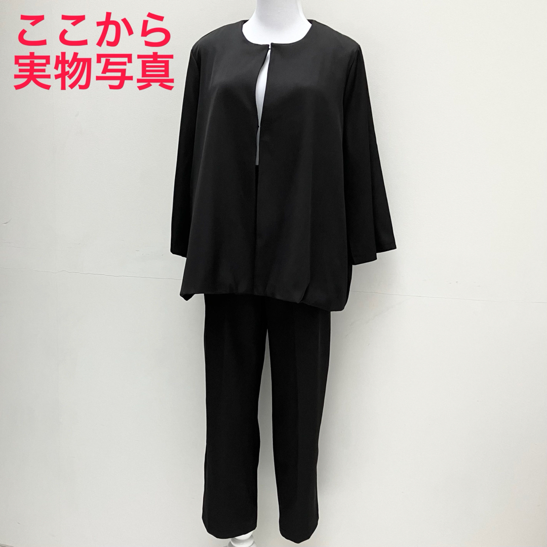 ブラック L ノーカラー ジャケット パンツ スーツ セットアップ セレモニー レディースのフォーマル/ドレス(スーツ)の商品写真