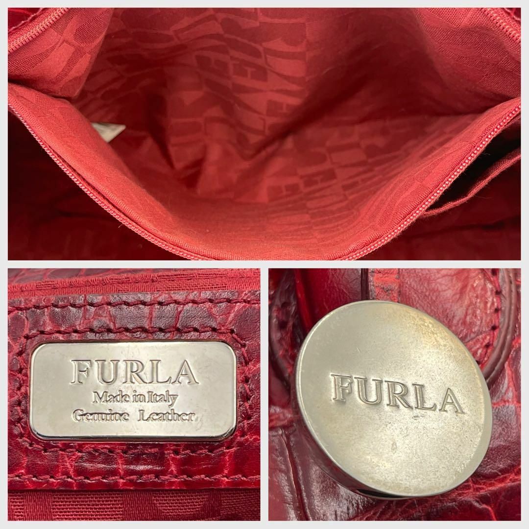 Furla(フルラ)のフルラ　ハンドバッグ　クロコ型押し　レッド　A395 レディースのバッグ(ハンドバッグ)の商品写真