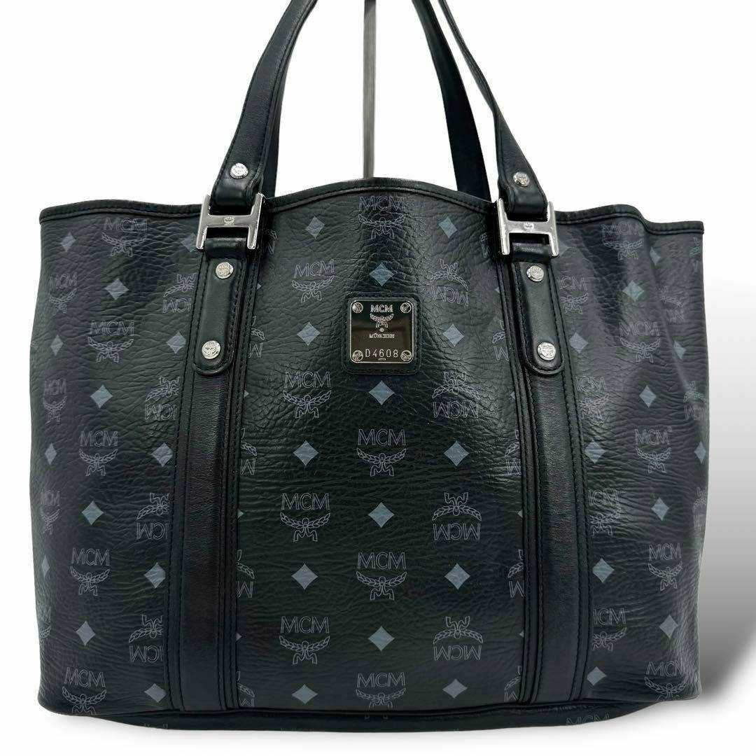 MCM(エムシーエム)の美品 MCM トートバッグ ハンドバッグ 肩掛け ロゴグラム レザー ブラック レディースのバッグ(トートバッグ)の商品写真